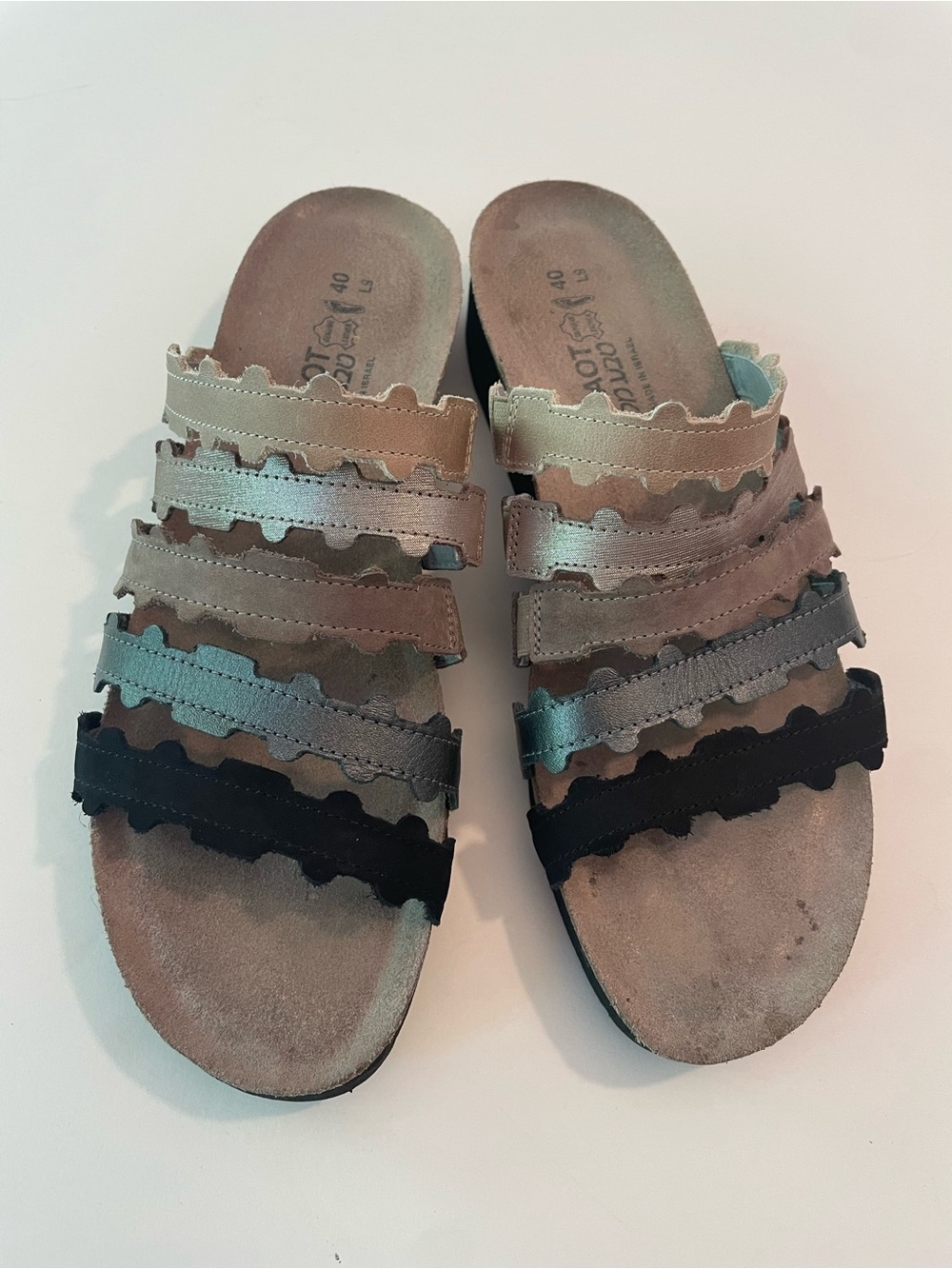 NAOT Leather Slide Sandals with Multi-Color Metallic Straps